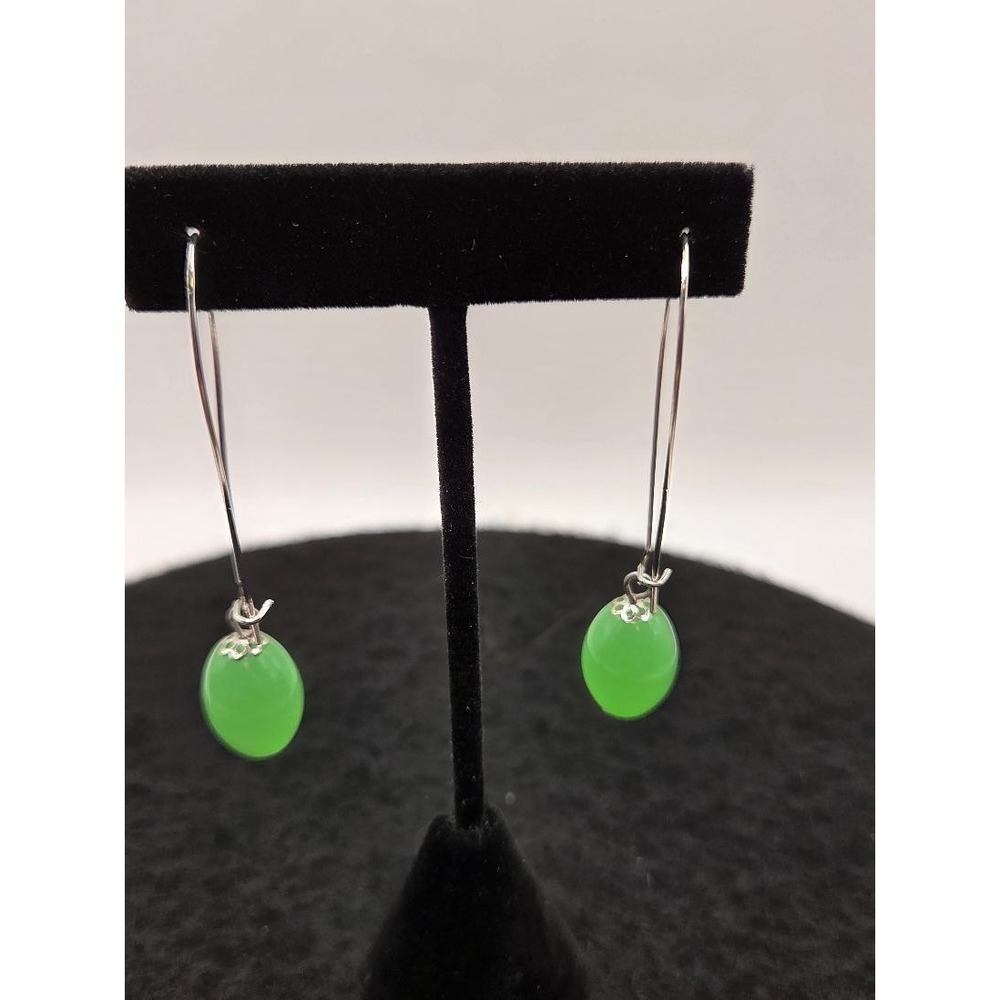 Boho Long Green Gemstone Drop Earrings Elegant Curved Wire Geometric Hook